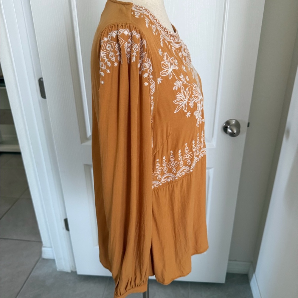 Savanna Jane Boho Peasant Blouse Size M Yellow Embroidered Floral Long Sleeve - Picture 4 of 15